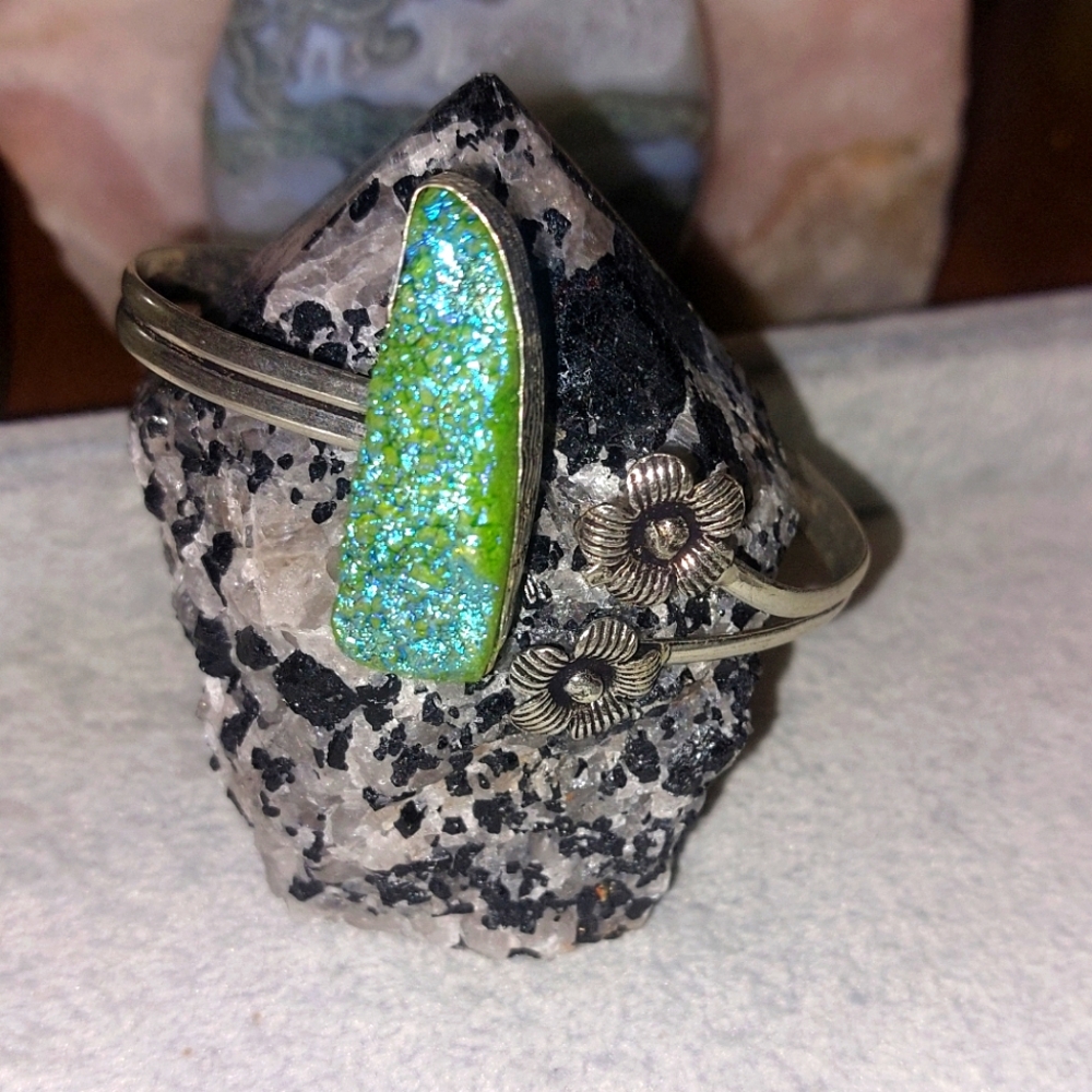 Titanium Druzy Adjustable Bangle Floral Bracelet